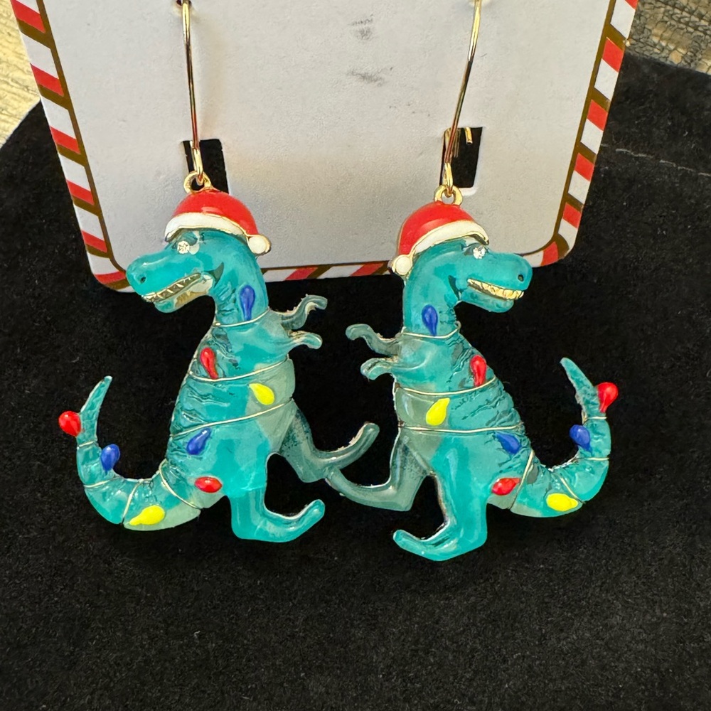 Festive Dinosaur Earrings with Santa Hats